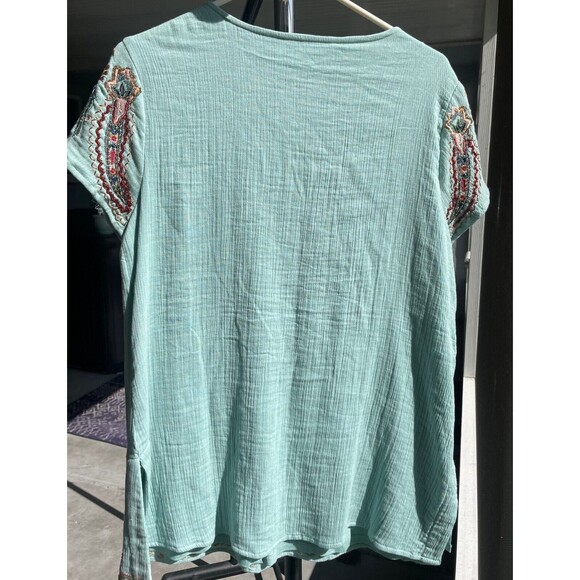 Soft Surroundings Belcaro Embroidered Beaded Short Sleeved Aqua Blue Tunic XS - Picture 6 of 7